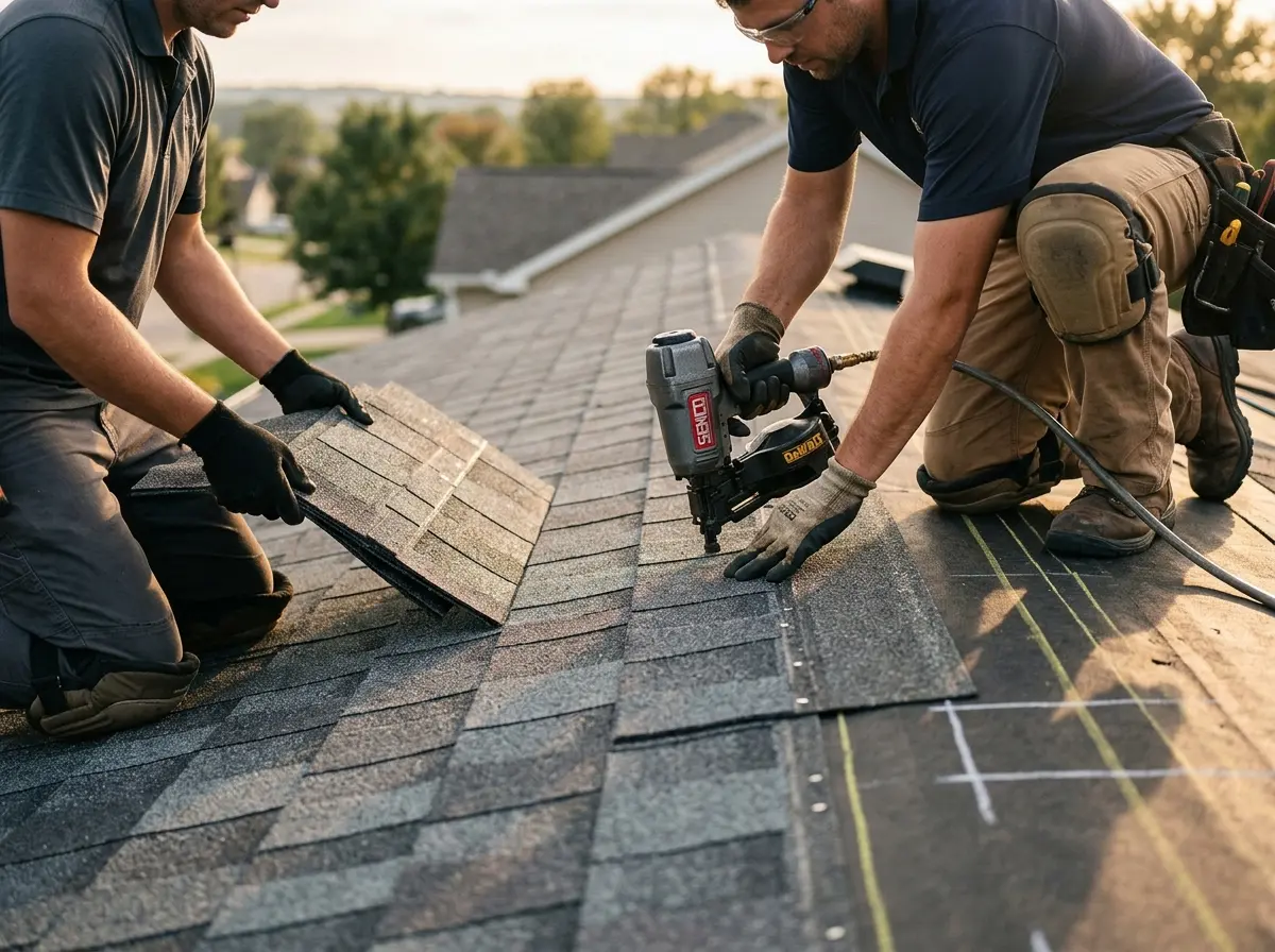 Professional roofer working on a residential roof in Princeton